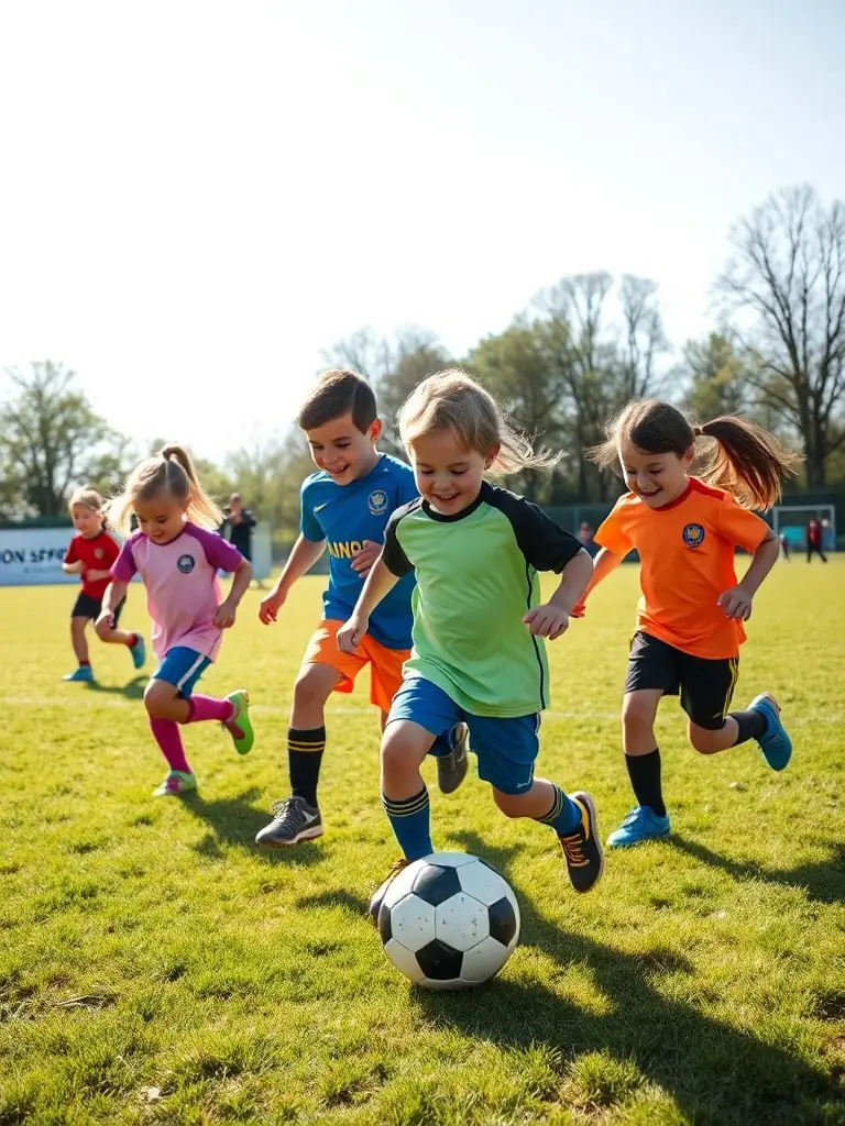 A vibrant image of children playing soccer in a local park, showcasing the joy and teamwork involved in the sport, with the UNION SPORT.VAL DE RANCE logo subtly visible in the background.