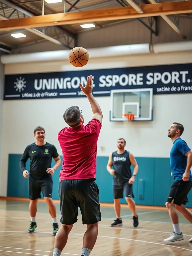 An action shot of adults playing basketball in an indoor gymnasium, highlighting the competitive spirit and camaraderie of the sport, with the UNION SPORT.VAL DE RANCE banner displayed on the wall.