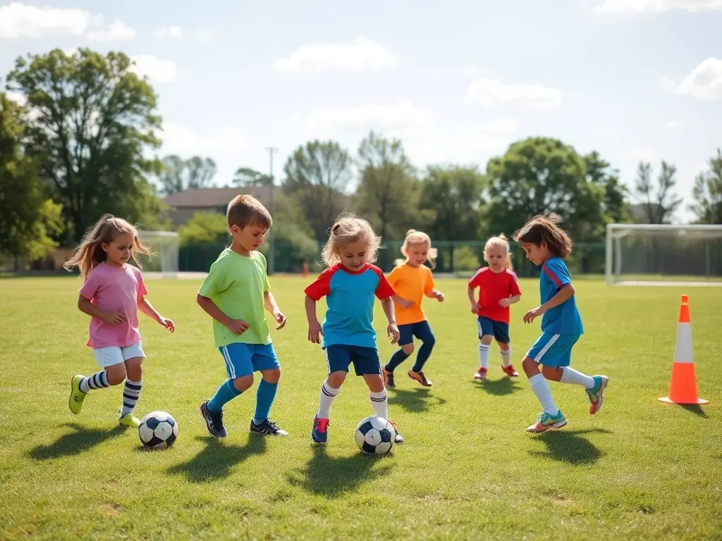 A lively image of children learning soccer skills during a youth sports clinic, emphasizing fun, learning, and physical activity.