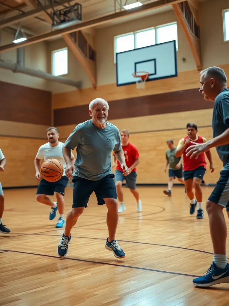 Image of adults playing a friendly basketball game at a UNION SPORT.VAL DE RANCE event, emphasizing community engagement and active lifestyles.