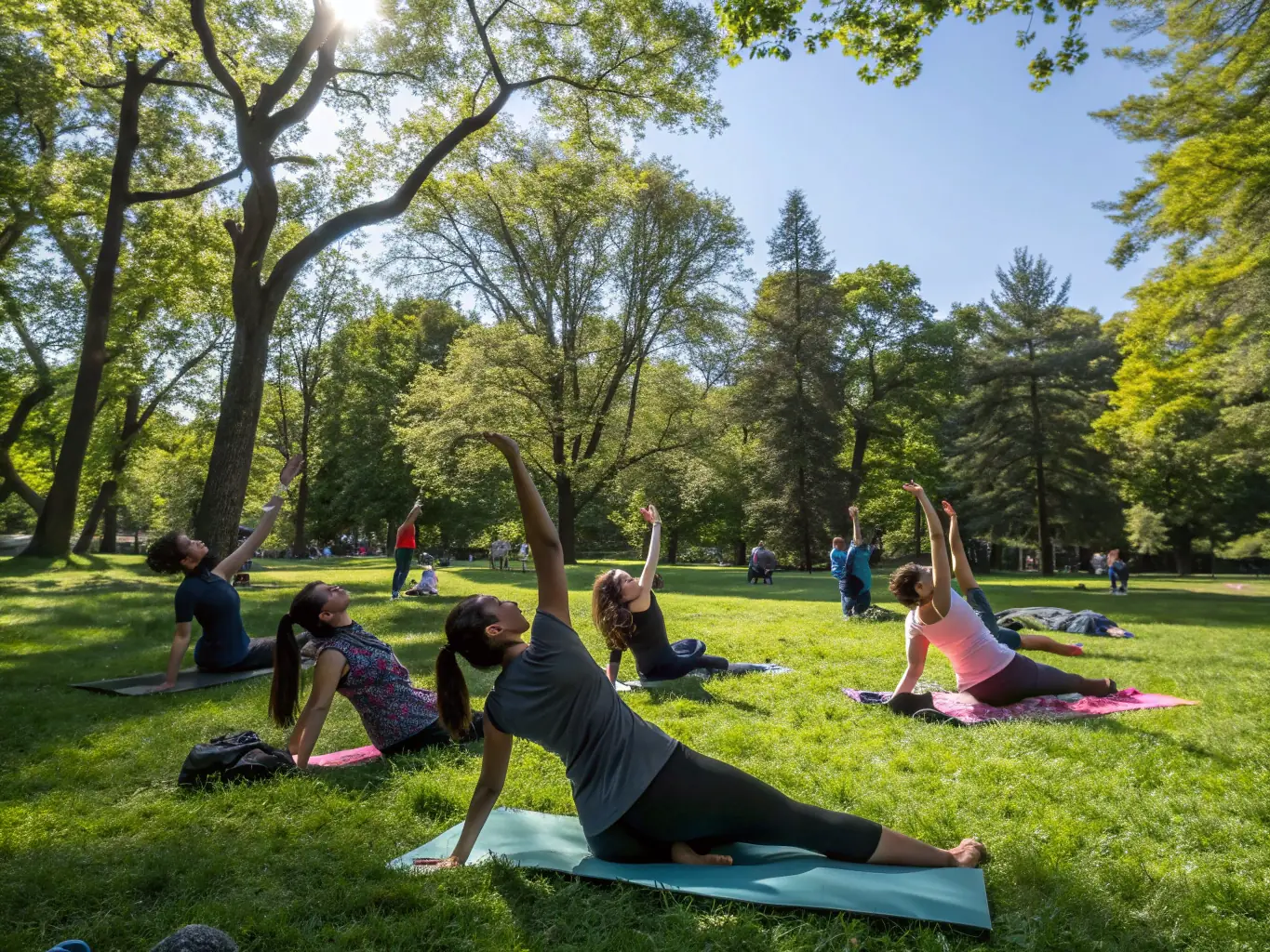 A serene image of a group practicing yoga in a park, highlighting relaxation, wellness, and community connection.