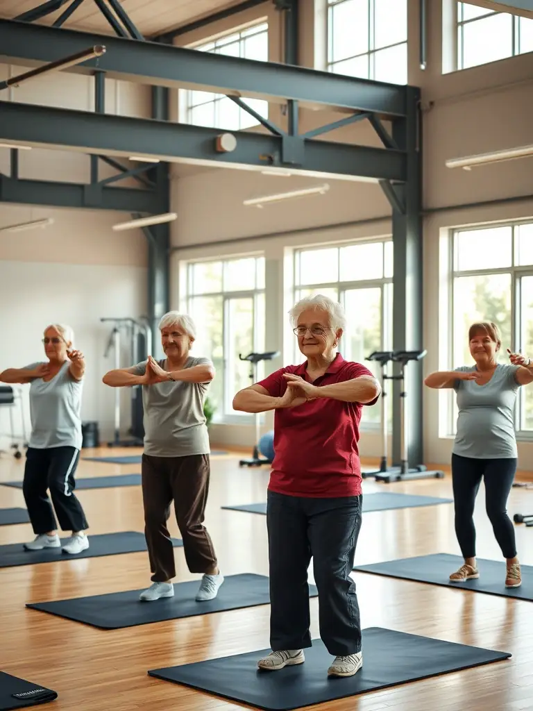 A group of seniors participating in a gentle exercise class at UNION SPORT.VAL DE RANCE, highlighting the organization's commitment to all age groups.