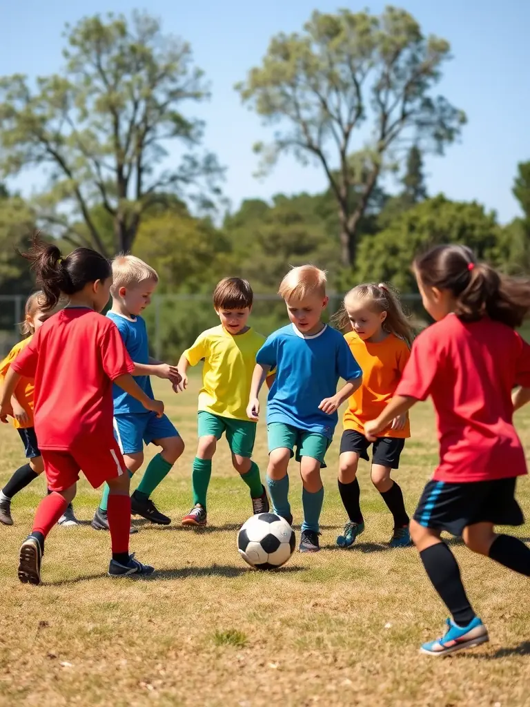 Action shot of children participating in a soccer clinic organized by UNION SPORT.VAL DE RANCE, focusing on teamwork and skill development.