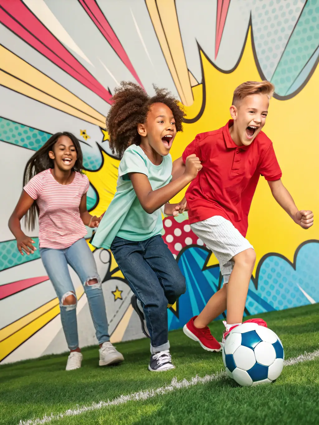 A vibrant image of children laughing and playing soccer in a well-maintained field, showcasing the joy and physical activity involved in UNION SPORT.VAL DE RANCE's youth programs.