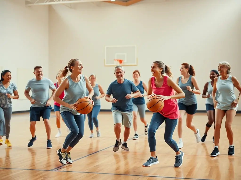 A dynamic shot of a group of adults participating in a basketball game at a local community center, showcasing teamwork and active engagement.