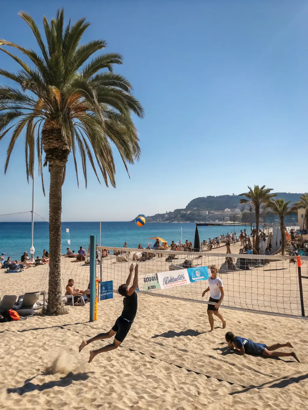 A dynamic image of people of various ages participating in a volleyball game on a beach, emphasizing the inclusivity and recreational aspect of the activity, with the UNION SPORT.VAL DE RANCE name subtly included.