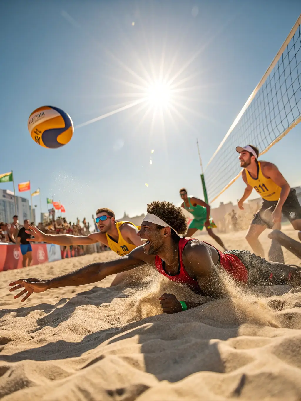 A diverse group of adults participating in a friendly volleyball match, emphasizing the teamwork and social interaction fostered by UNION SPORT.VAL DE RANCE.