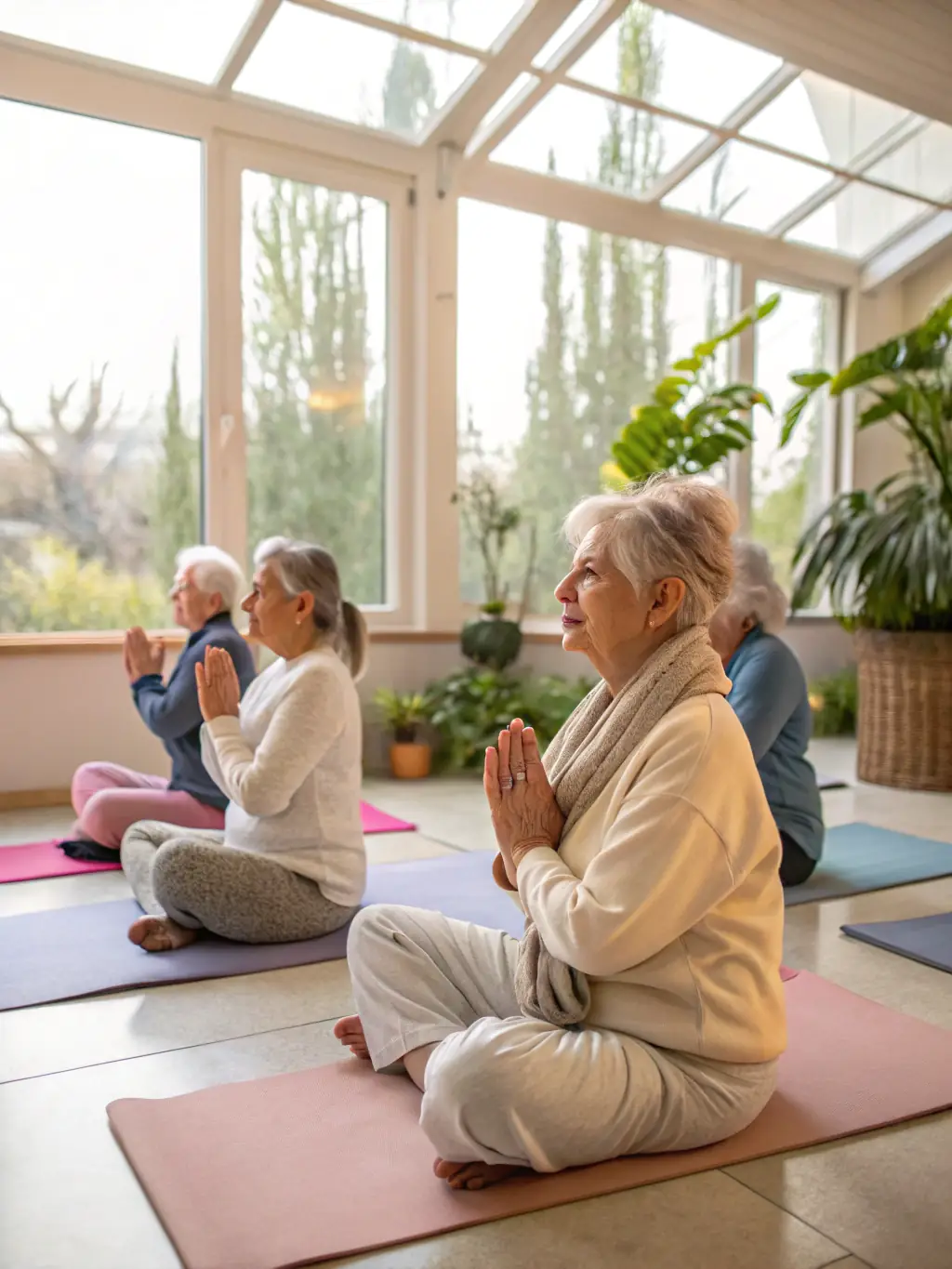 A serene image of a group of seniors participating in a gentle yoga session outdoors, promoting the health and wellness benefits of the activity, with the UNION SPORT.VAL DE RANCE logo visible on the instructor's attire.