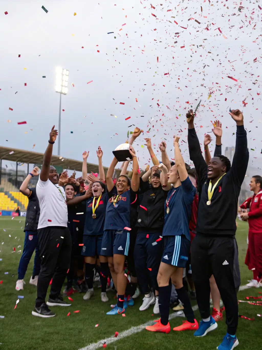A photo of a team of young adults celebrating a victory, showcasing teamwork and camaraderie.