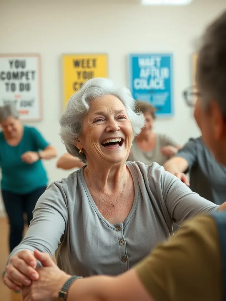 An image of a senior citizen happily participating in a low-impact exercise class, highlighting the inclusivity and health benefits for all age groups.