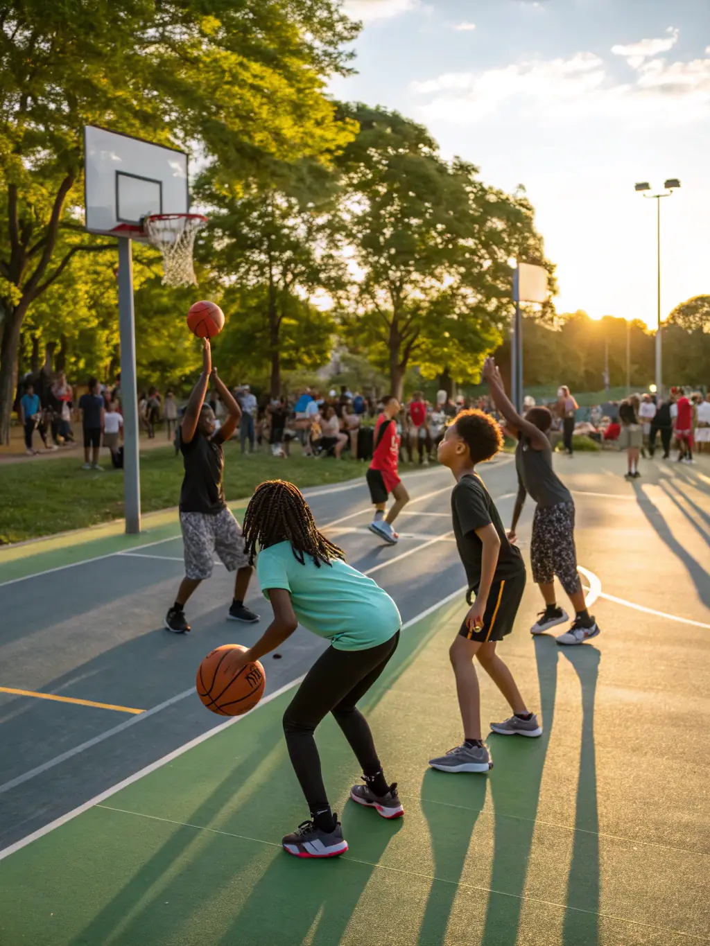 A diverse group of children laughing and playing basketball together outdoors, emphasizing inclusivity and fun.
